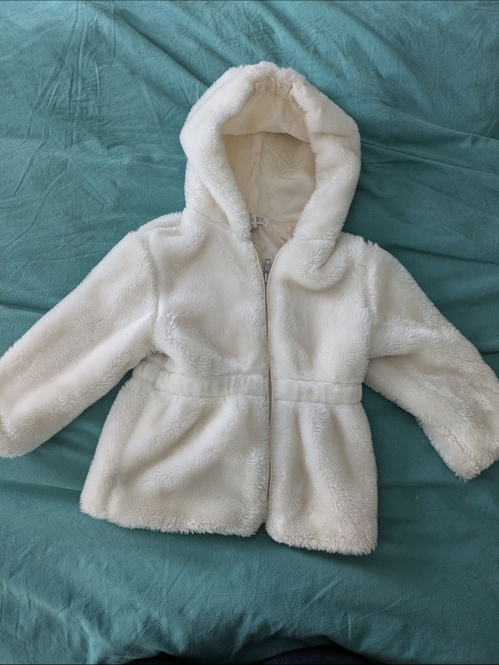 Faux Fur Jacket Girls 3T Cinched Waist Cream Pockets Hood Satin Lining Cherokee